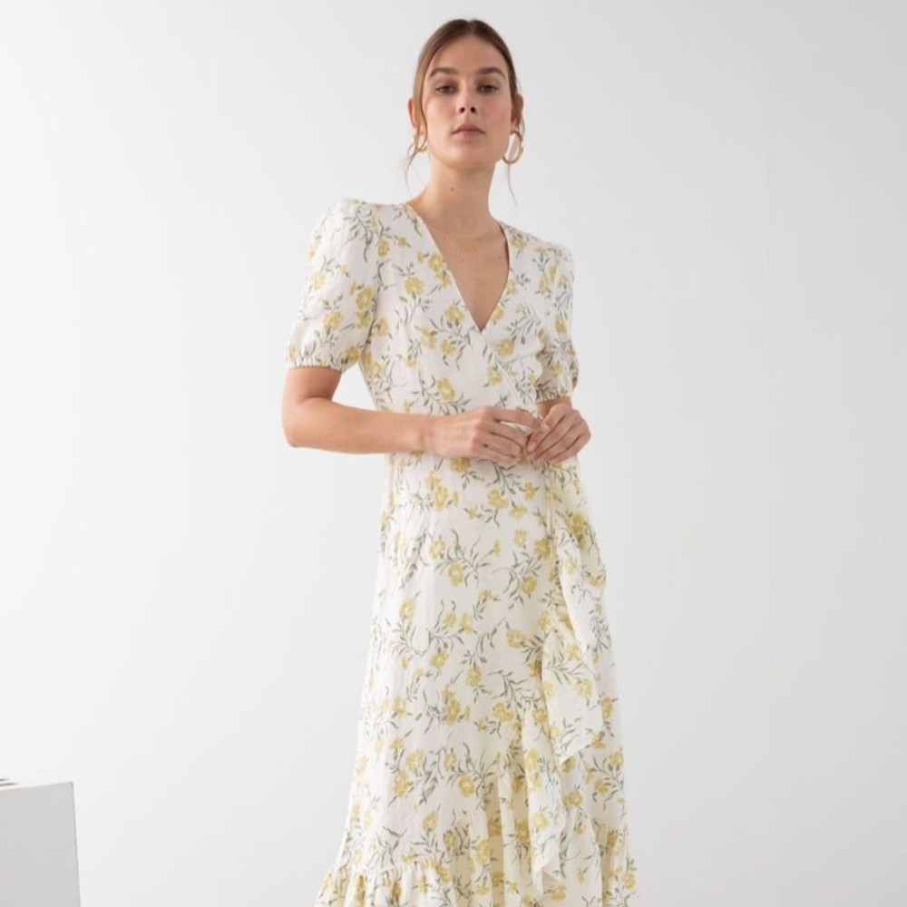 & Other Stories Linen Floral Wrap Midi Dress